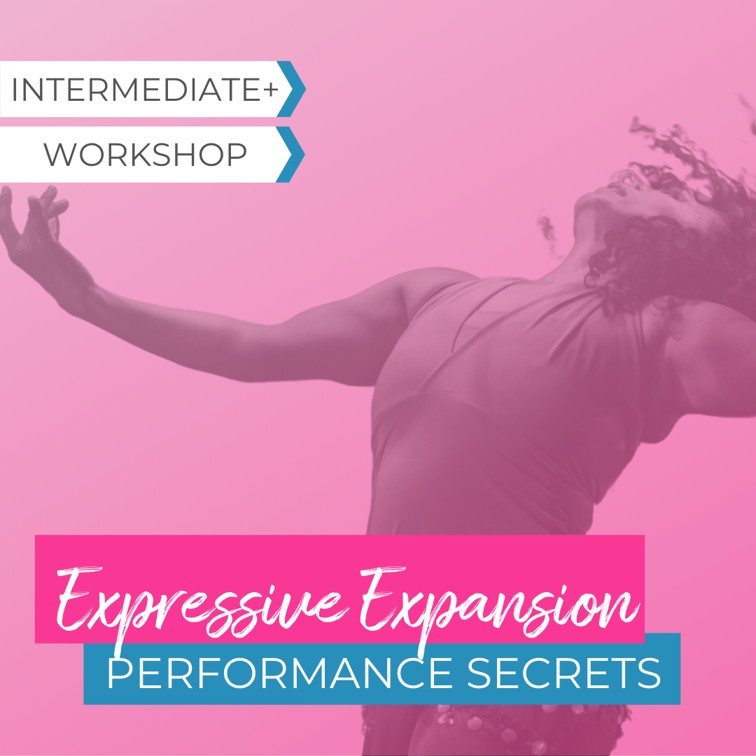 Shows a dramatic image of Oreet performing bellydance with her arms outstretched. Text reads: "Expressive expansion: performance secrets. Intermediate+. Workshop."