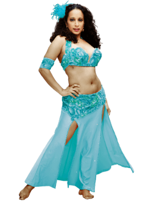 Oreet, founder of SharQui - The Bellydance Workout, wearing a blue bedlah and skirt. This is a professional bellydance performance photo.